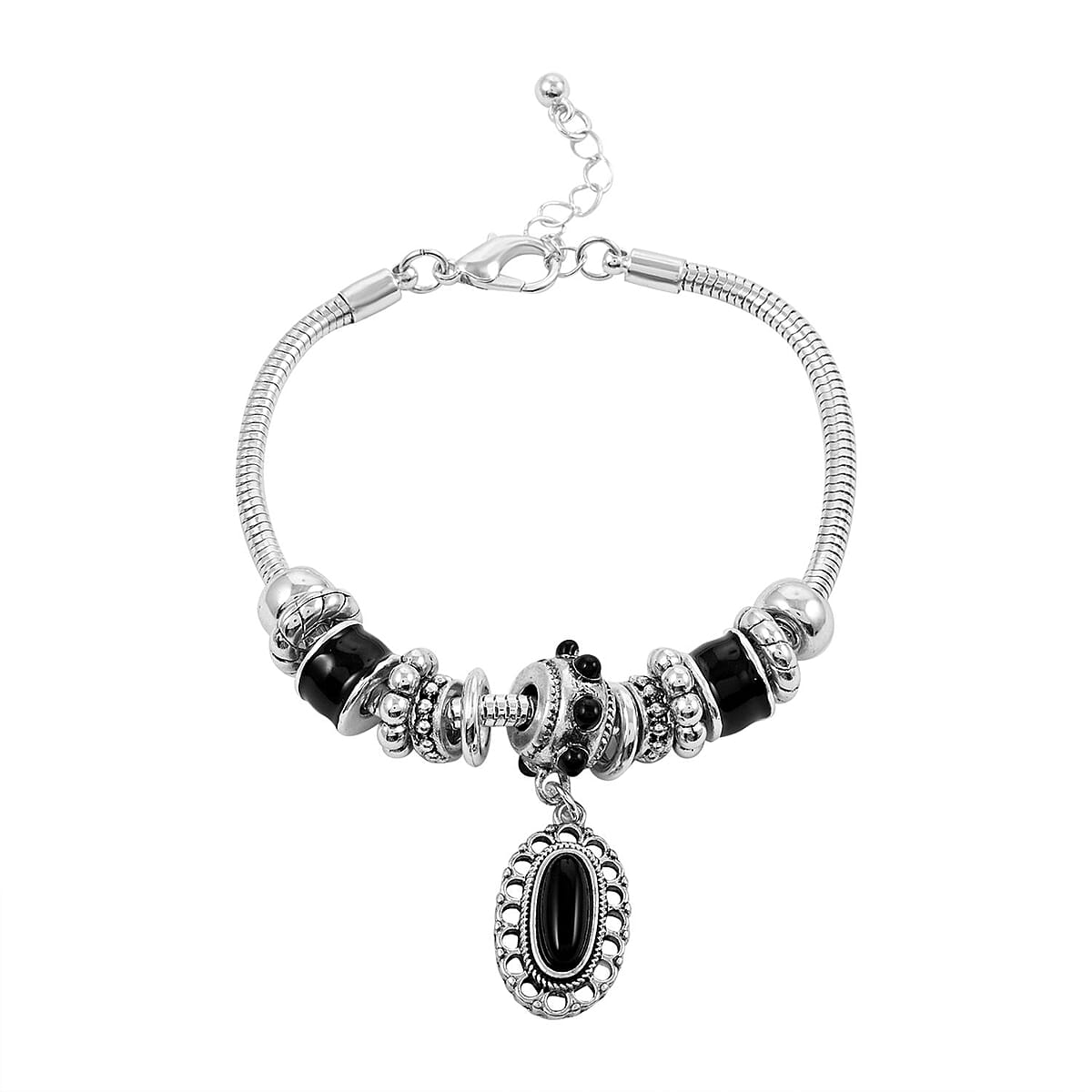 Black Onyx Pendant Necklace (18-21 Inches), Bracelet (7.5-8.5In) and Earrings in Sterling Silver 34.50 ctw image number 2