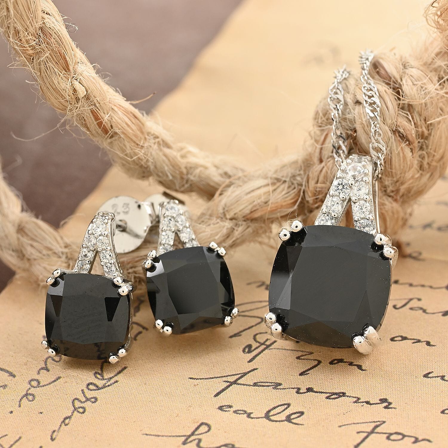 Thai Black Spinel and Simulated Diamond Pendant Necklace 18 Inches and Earrings in Sterling Silver 13.75 ctw