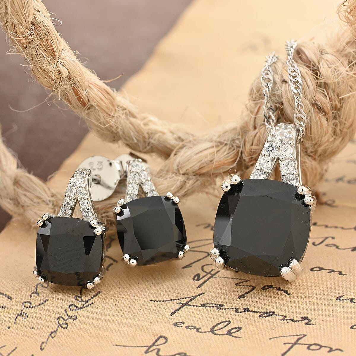 Thai Black Spinel and Simulated Diamond Pendant Necklace 18 Inches and Earrings in Sterling Silver 13.75 ctw image number 1