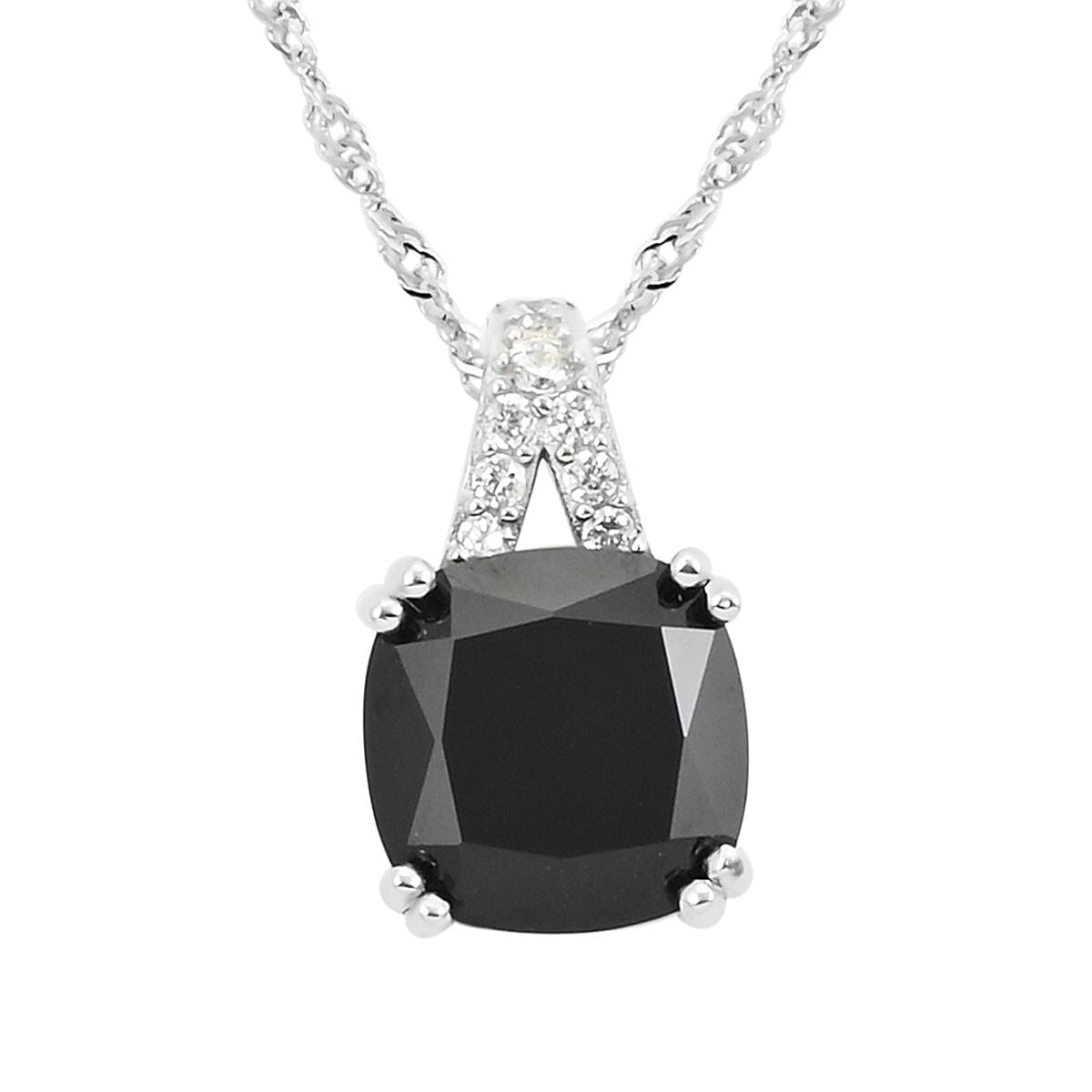 Thai Black Spinel and Simulated Diamond Pendant Necklace 18 Inches and Earrings in Sterling Silver 13.75 ctw image number 2
