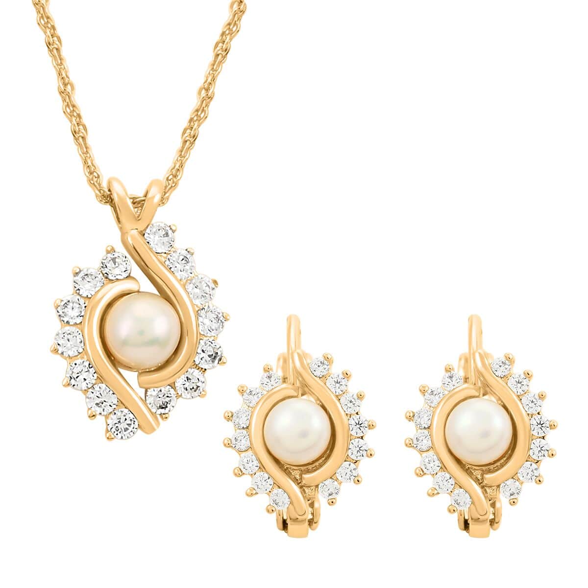 Pearl, Simulated Diamond Pendant Necklace 18.5 Inches and Earrings in 14K Yellow Gold Over Sterling Silver 1.50 ctw image number 0