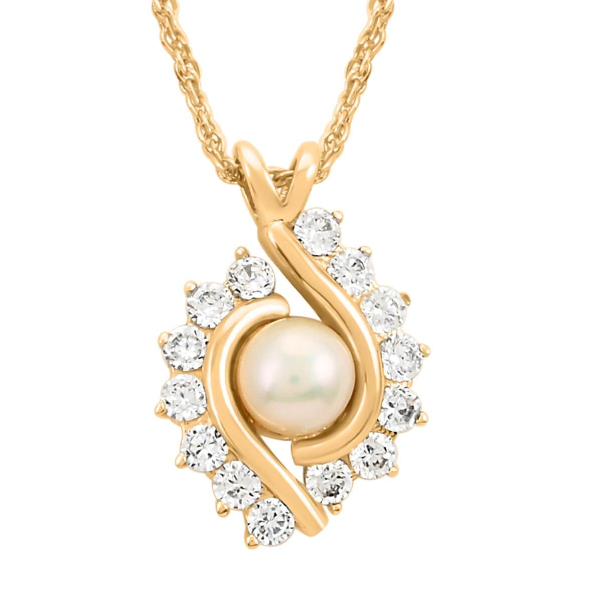 Pearl, Simulated Diamond Pendant Necklace 18.5 Inches and Earrings in 14K Yellow Gold Over Sterling Silver 1.50 ctw image number 2