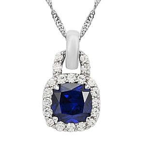 Thai Blue Spinel and Simulated Diamond Pendant Necklace 18-20.5 Inches in Sterling Silver 9.50 ctw