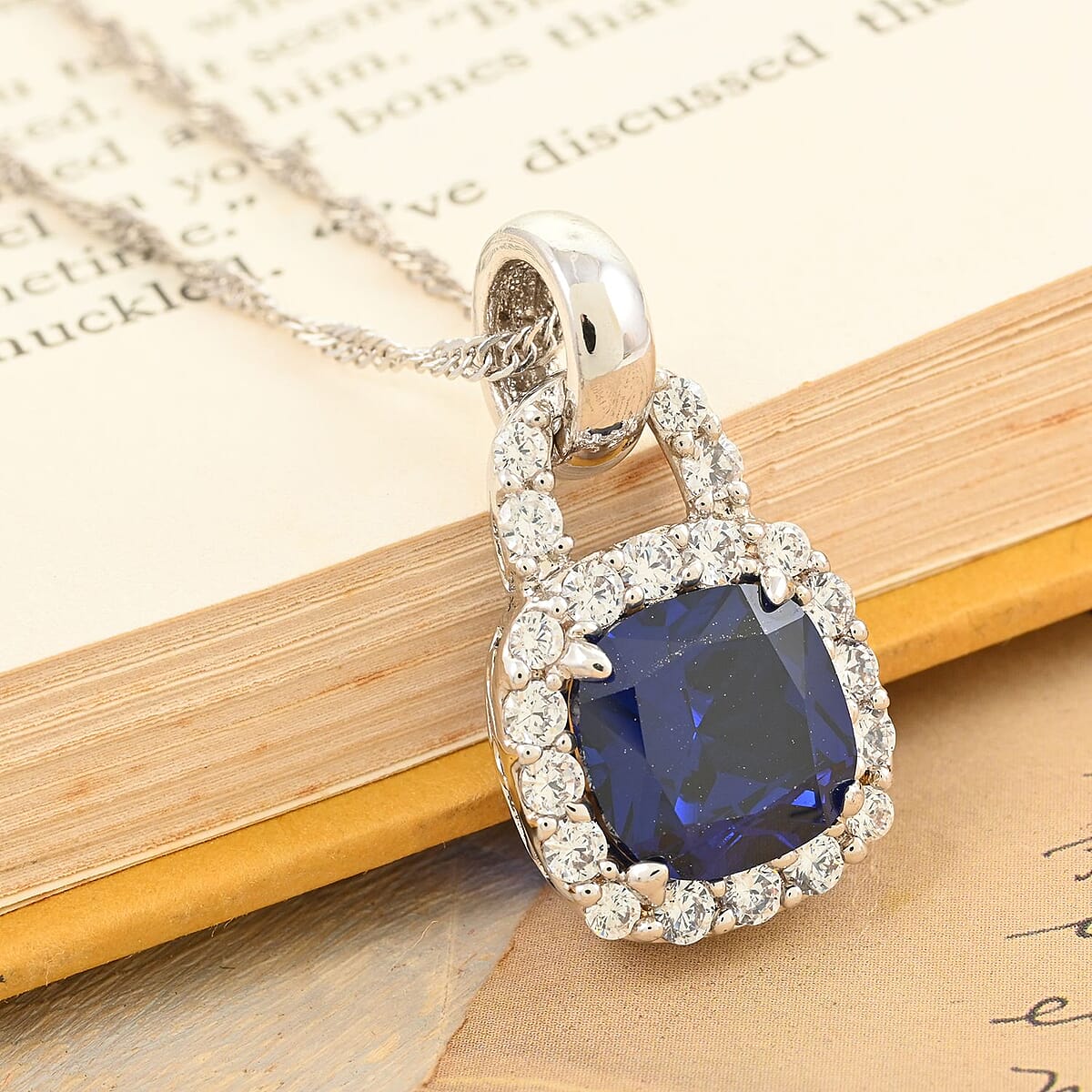Thai Blue Spinel and Simulated Diamond Pendant Necklace 18-20.5 Inches in Sterling Silver 9.50 ctw image number 1