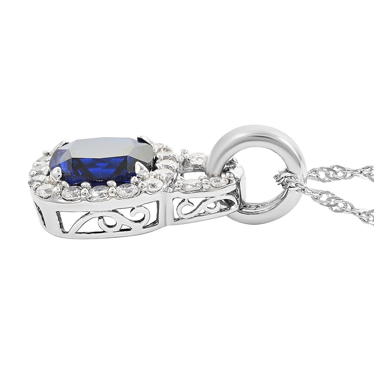 Thai Blue Spinel and Simulated Diamond Pendant Necklace 18-20.5 Inches in Sterling Silver 9.50 ctw image number 3