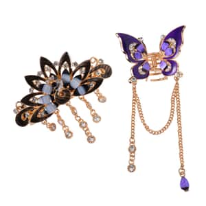 Set of 2 Purple and Brown Resin, Black and White Austrian Crystal, Enameled Butterfly and Peacock Hair Claw Clip in Rosetone