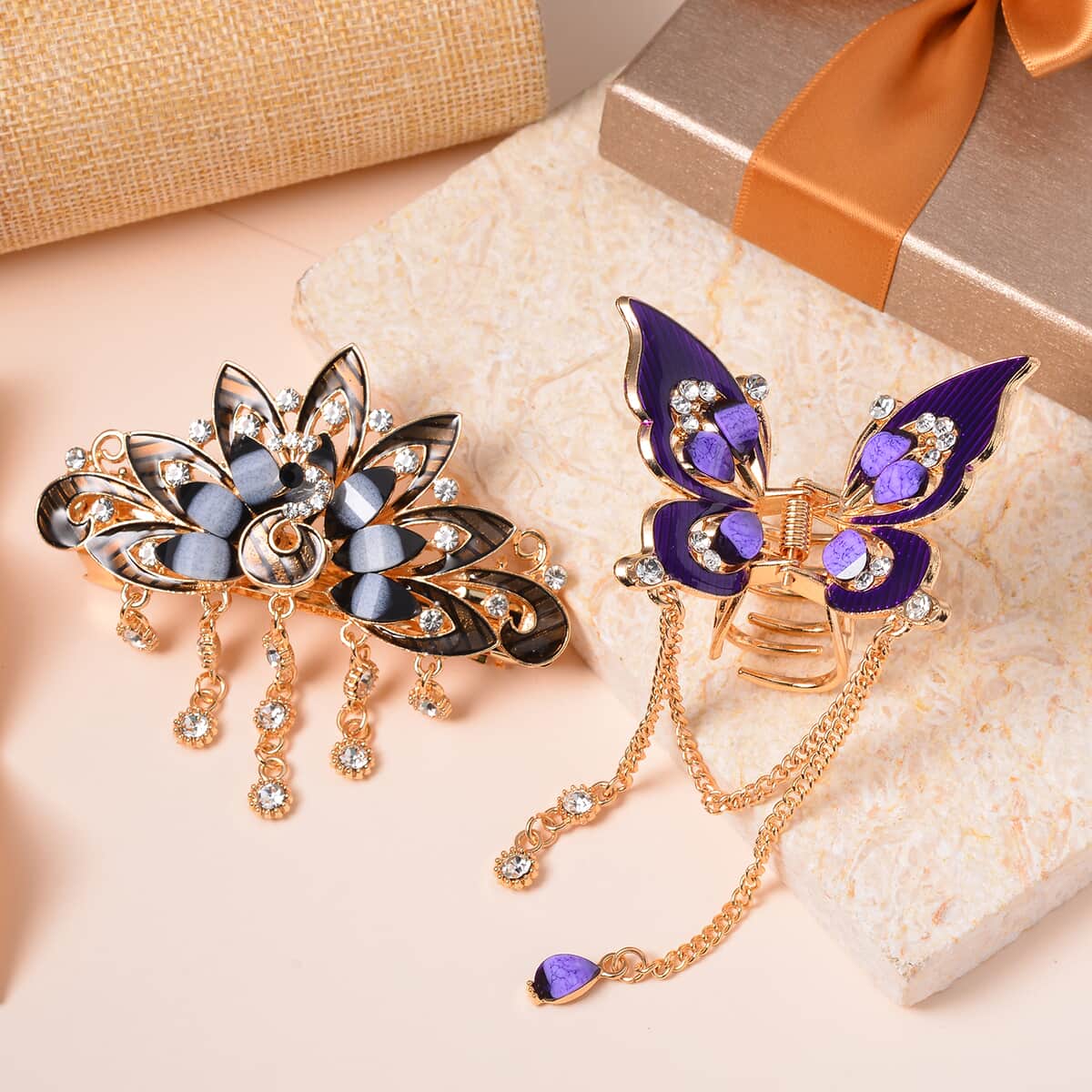 Set of 2 Purple and Brown Resin, Black and White Austrian Crystal, Enameled Butterfly and Peacock Hair Claw Clip in Rosetone image number 1