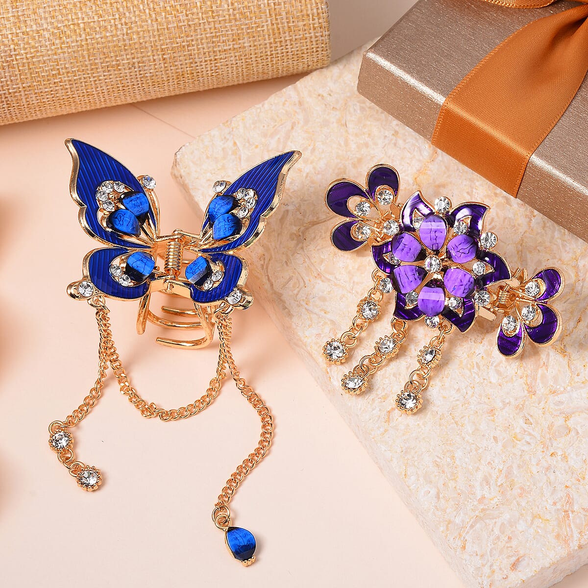 Set of 2 Yellow and Blue Resin, Austrian Crystal and Enameled Butterfly and Flower Hair Claw Clip in Goldtone image number 1