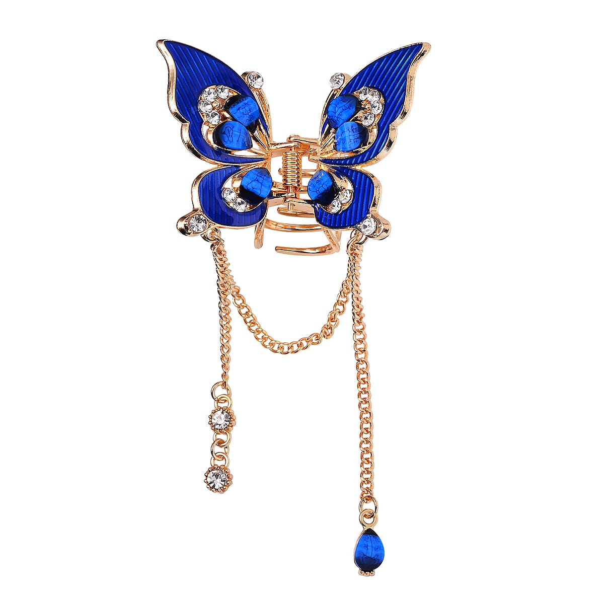 Set of 2 Yellow and Blue Resin, Austrian Crystal and Enameled Butterfly and Flower Hair Claw Clip in Goldtone image number 2