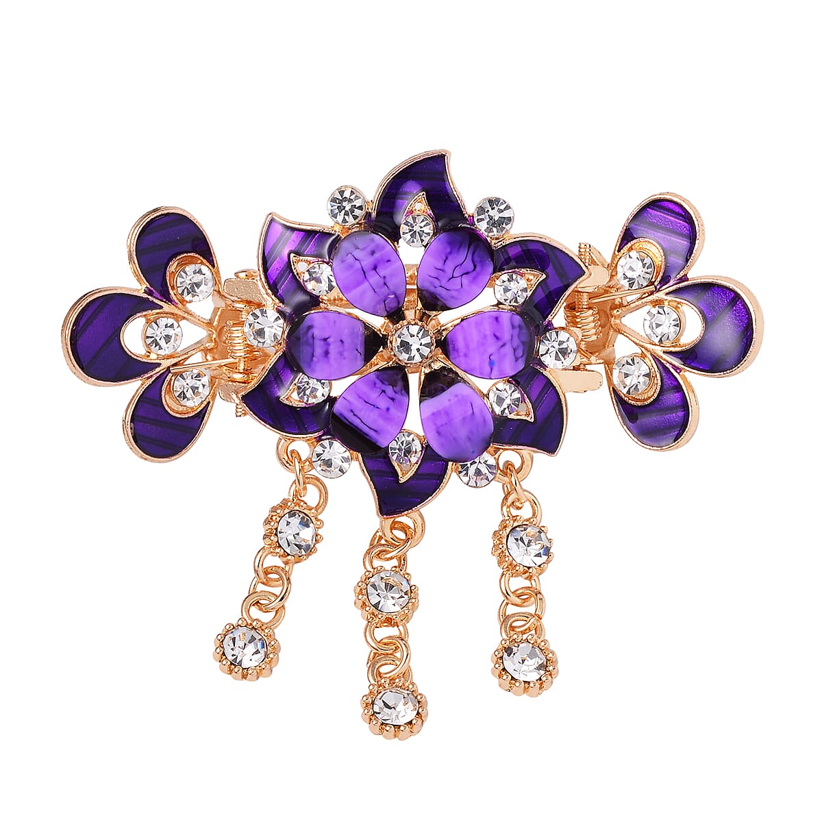 Set of 2 Yellow and Blue Resin, Austrian Crystal and Enameled Butterfly and Flower Hair Claw Clip in Goldtone image number 5