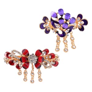 Set of 2 Red and Purple Resin, Black and White Austrian Crystal and Enameled Floral and Peacock Hair Claw Clip in Goldtone