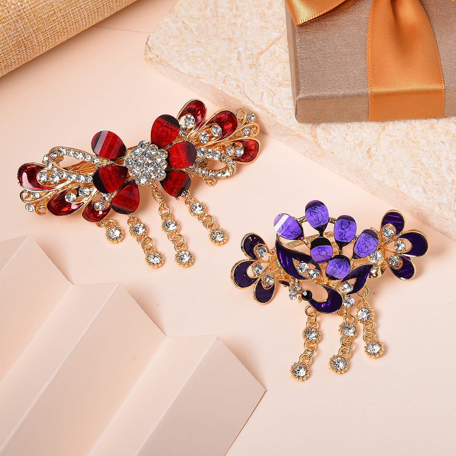 Set of 2 Red and Purple Resin, Black and White Austrian Crystal and Enameled Floral and Peacock Hair Claw Clip in Goldtone