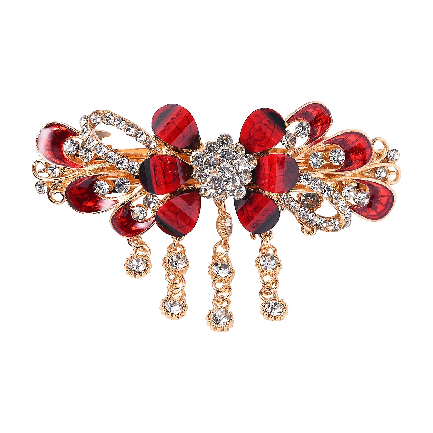 Set of 2 Red and Purple Resin, Black and White Austrian Crystal and Enameled Floral and Peacock Hair Claw Clip in Goldtone