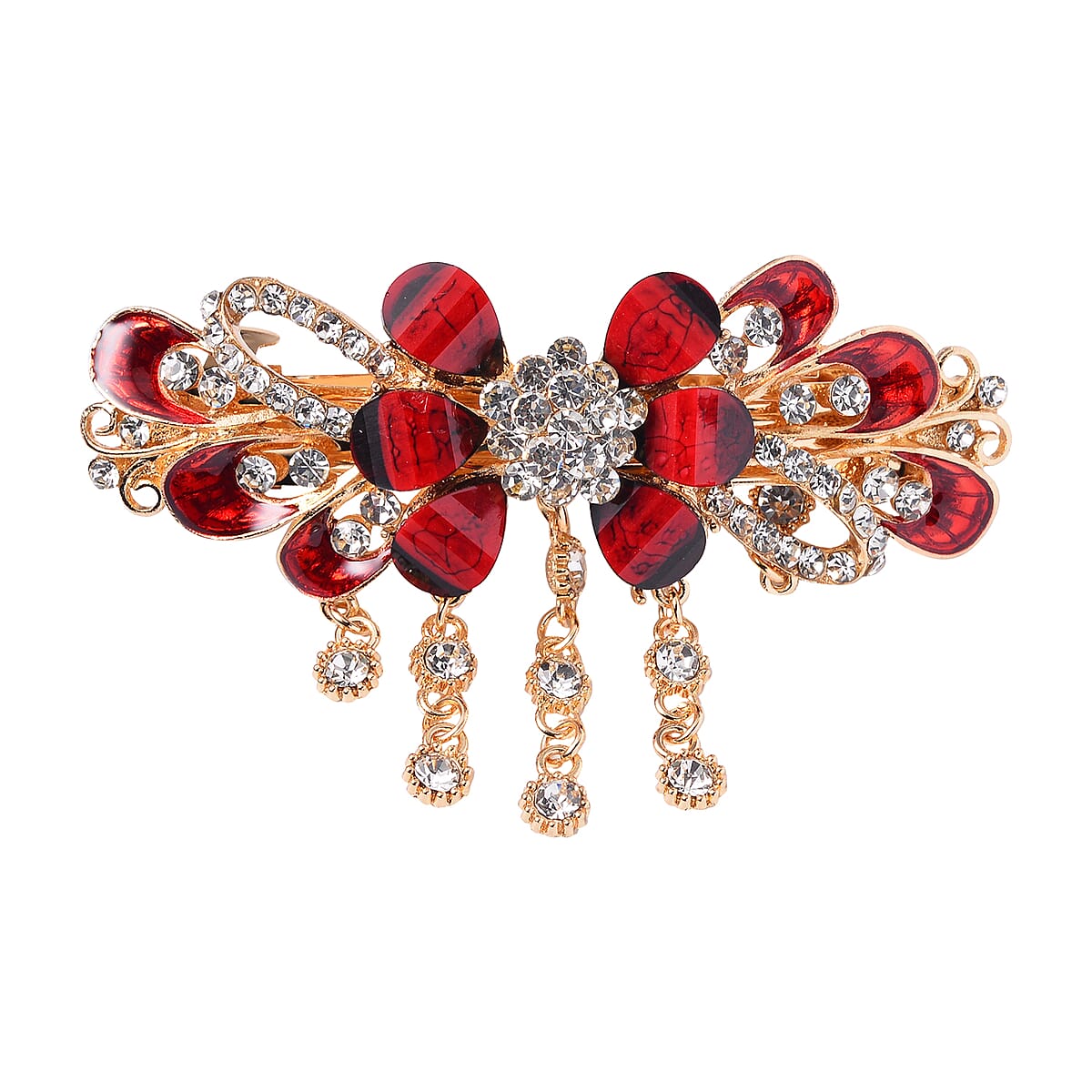 Set of 2 Red and Purple Resin, Black and White Austrian Crystal and Enameled Floral and Peacock Hair Claw Clip in Goldtone image number 2