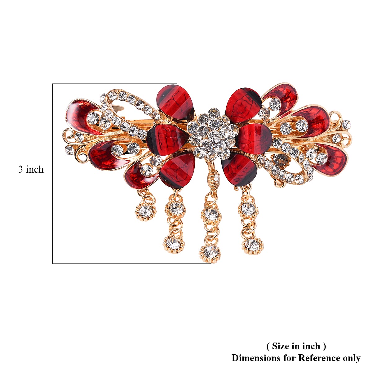 Set of 2 Red and Purple Resin, Black and White Austrian Crystal and Enameled Floral and Peacock Hair Claw Clip in Goldtone image number 4