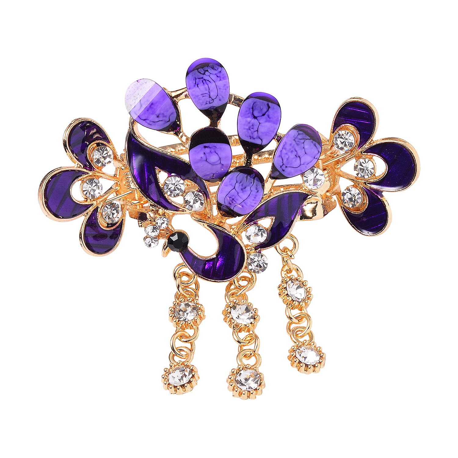 Set of 2 Red and Purple Resin, Black and White Austrian Crystal and Enameled Floral and Peacock Hair Claw Clip in Goldtone