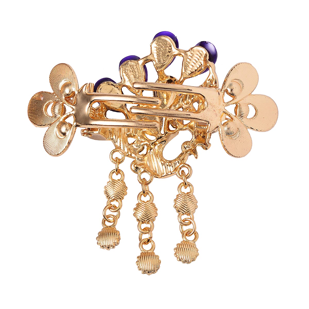 Set of 2 Red and Purple Resin, Black and White Austrian Crystal and Enameled Floral and Peacock Hair Claw Clip in Goldtone image number 6