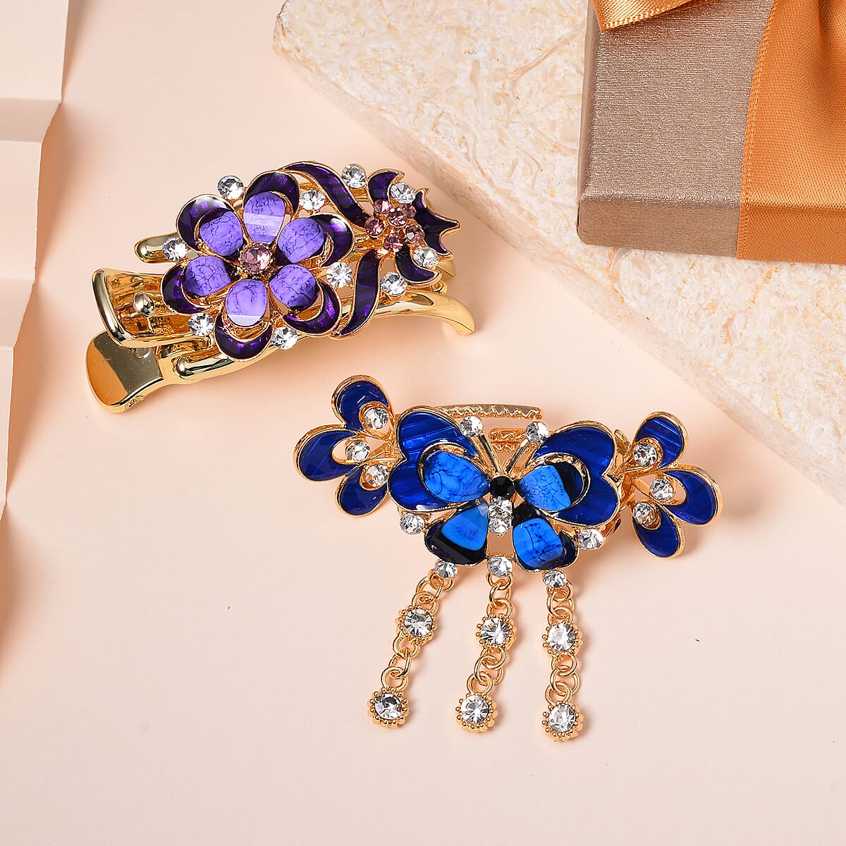 Set of 2 Blue and Purple Resin, Multi Color Austrian Crystal, Enameled Butterfly and Flower Hair Claw Clip in Goldtone image number 1