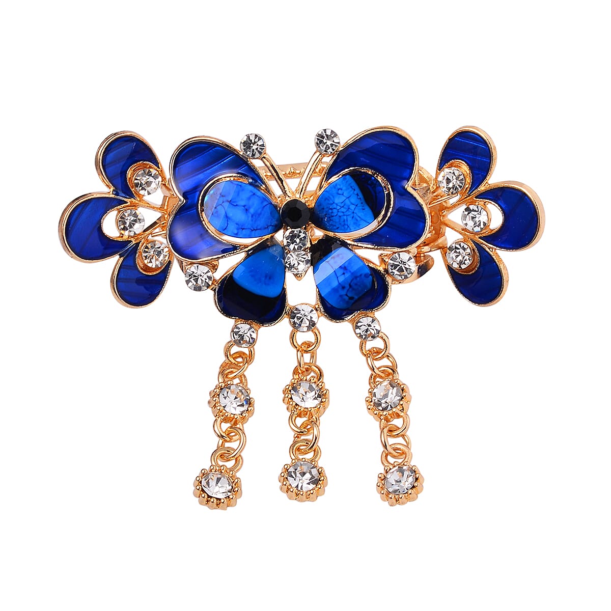 Set of 2 Blue and Purple Resin, Multi Color Austrian Crystal, Enameled Butterfly and Flower Hair Claw Clip in Goldtone image number 2