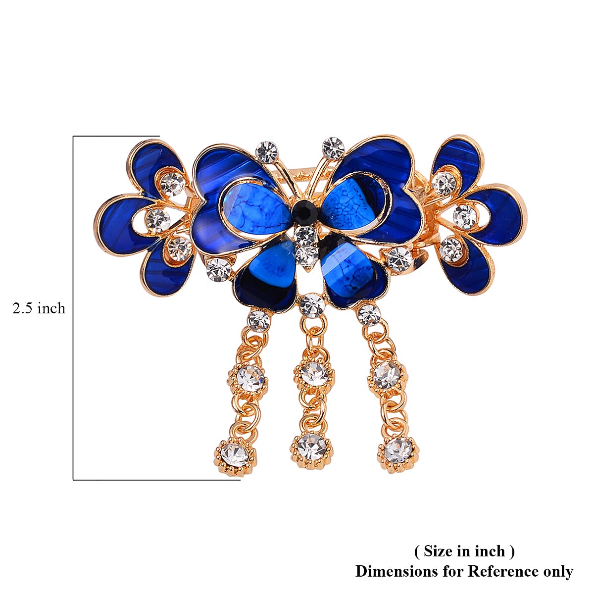 Set of 2 Blue and Purple Resin, Multi Color Austrian Crystal, Enameled Butterfly and Flower Hair Claw Clip in Goldtone image number 4