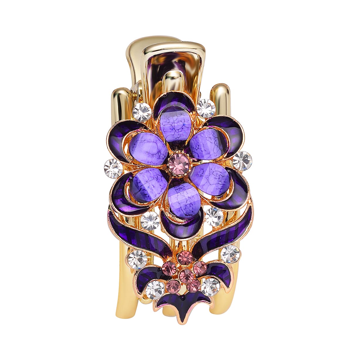 Set of 2 Blue and Purple Resin, Multi Color Austrian Crystal, Enameled Butterfly and Flower Hair Claw Clip in Goldtone image number 5