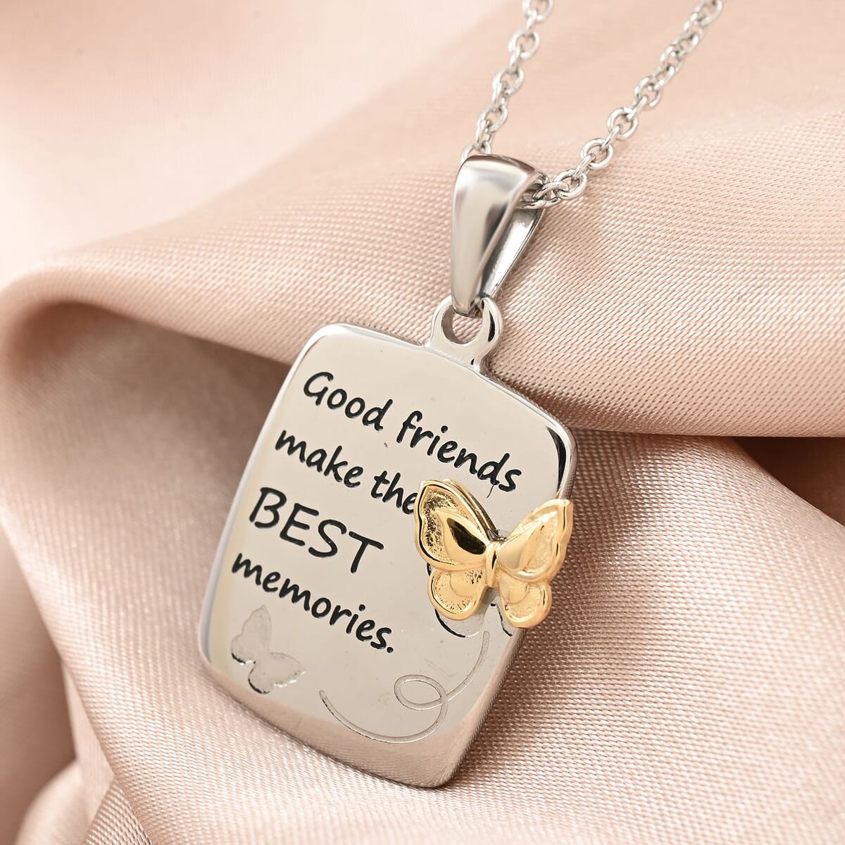 Best Memories Engraved Pendant Necklace 18 Inches in ION Plated YG and Stainless Steel image number 1