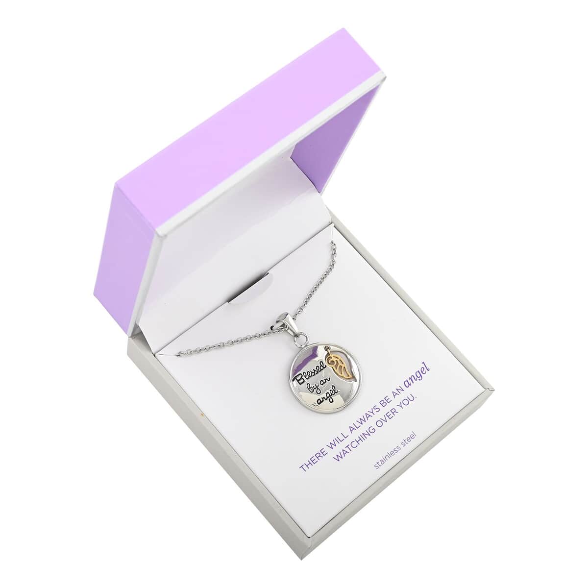 Blessed By an Angel Engraved Pendant Necklace 18 Inches in ION Plated YG and Stainless Steel image number 0