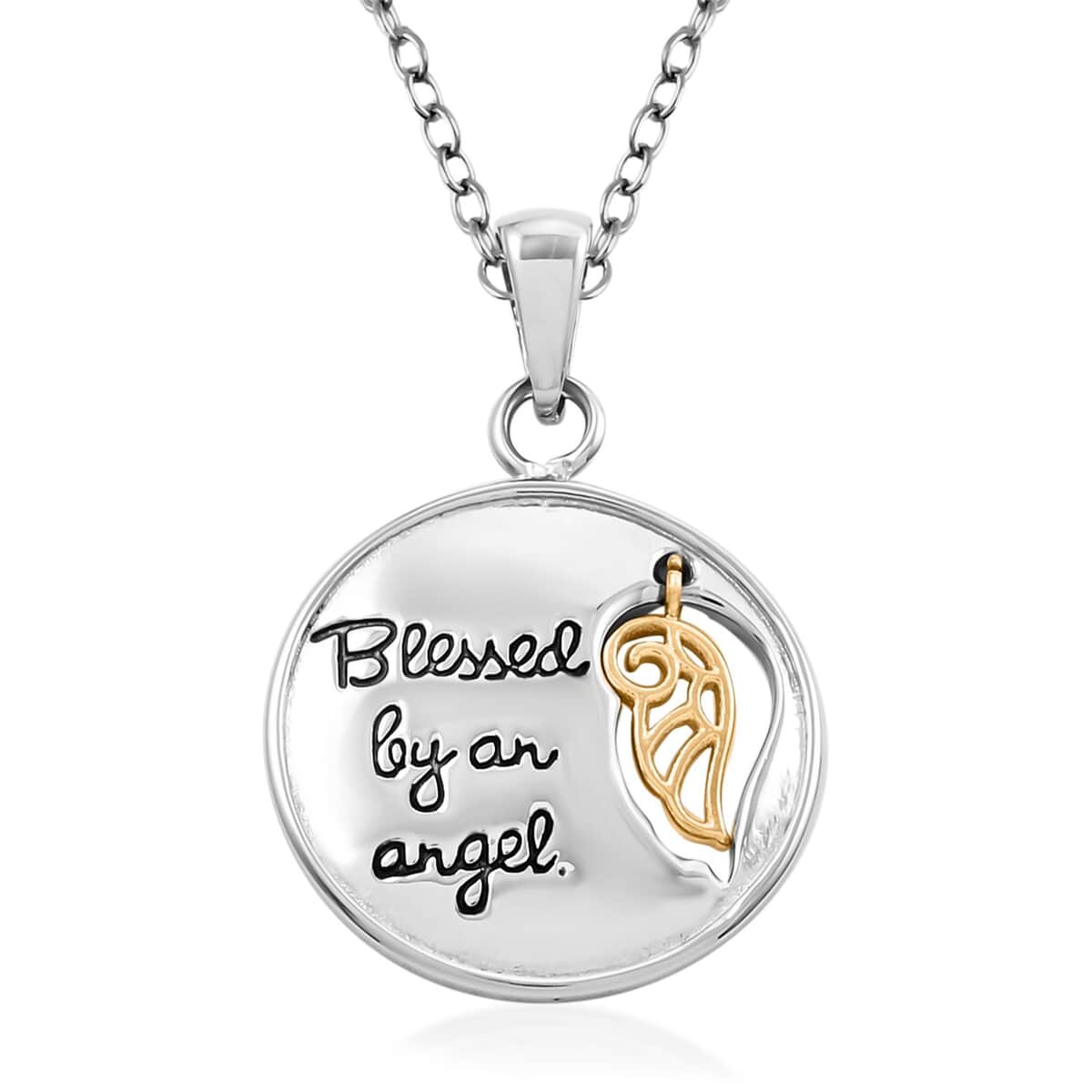 Blessed By an Angel Engraved Pendant Necklace 18 Inches in ION Plated YG and Stainless Steel image number 3