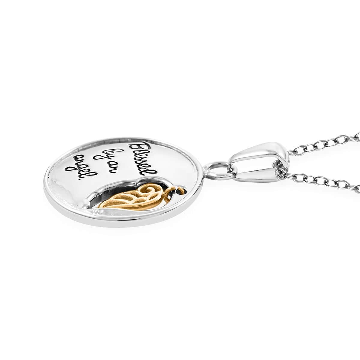 Blessed By an Angel Engraved Pendant Necklace 18 Inches in ION Plated YG and Stainless Steel image number 4