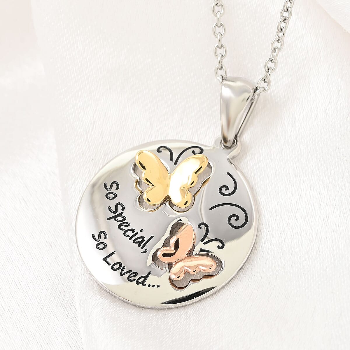 Engraved Butterfly Pendant Necklace 18 Inches in ION Plated YG, RG and Stainless Steel image number 1