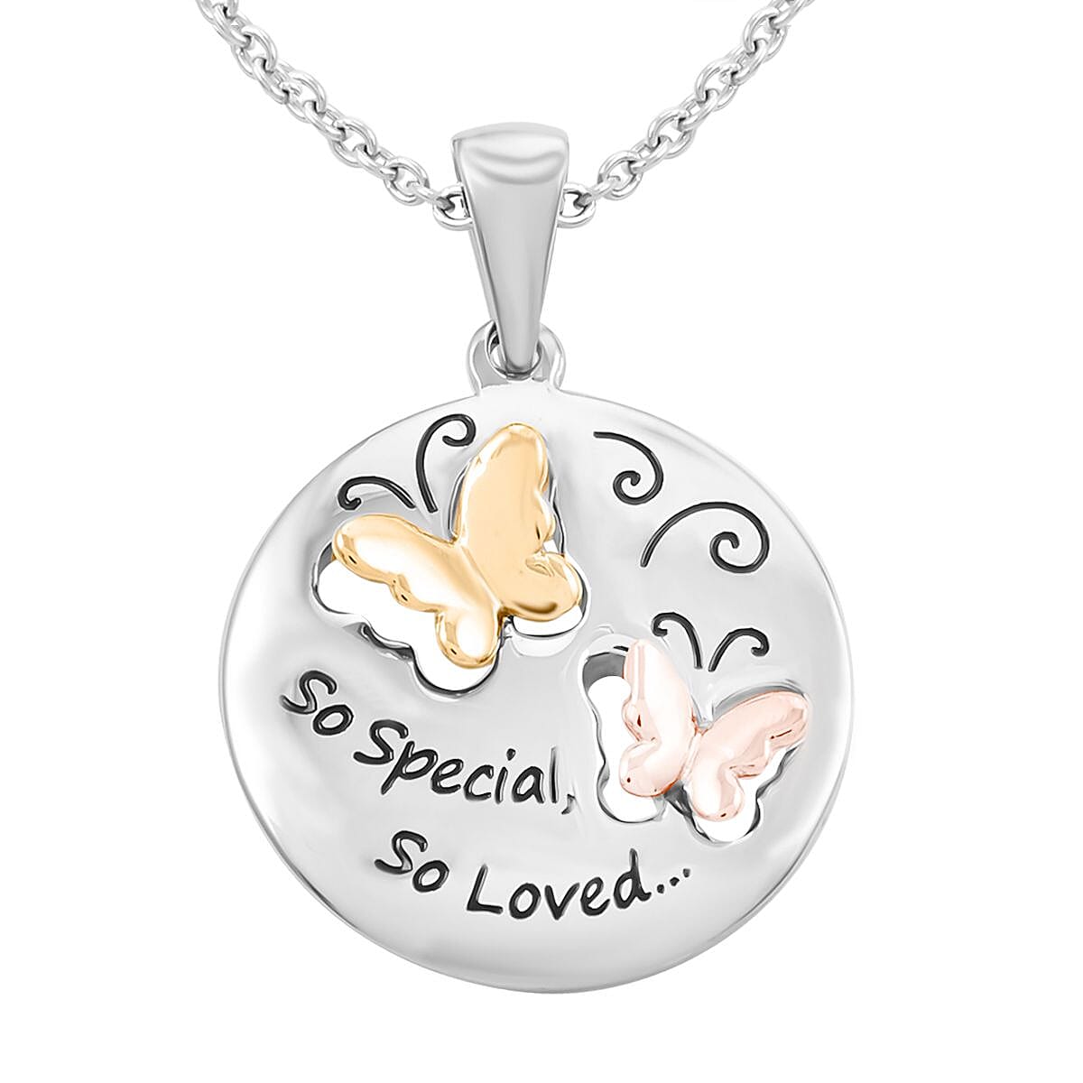Engraved Butterfly Pendant Necklace 18 Inches in ION Plated YG, RG and Stainless Steel image number 3