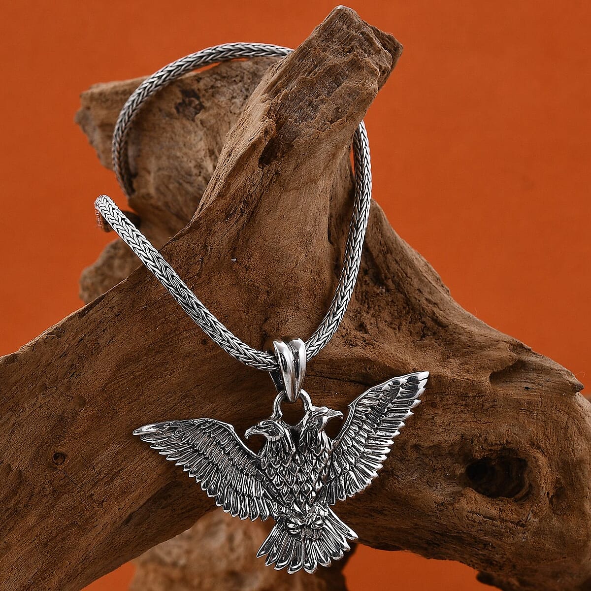Bali Legacy Sterling Silver Double Headed Eagle Pendant with Tulang Naga Chain 18 Inches 25.15 Grams image number 1