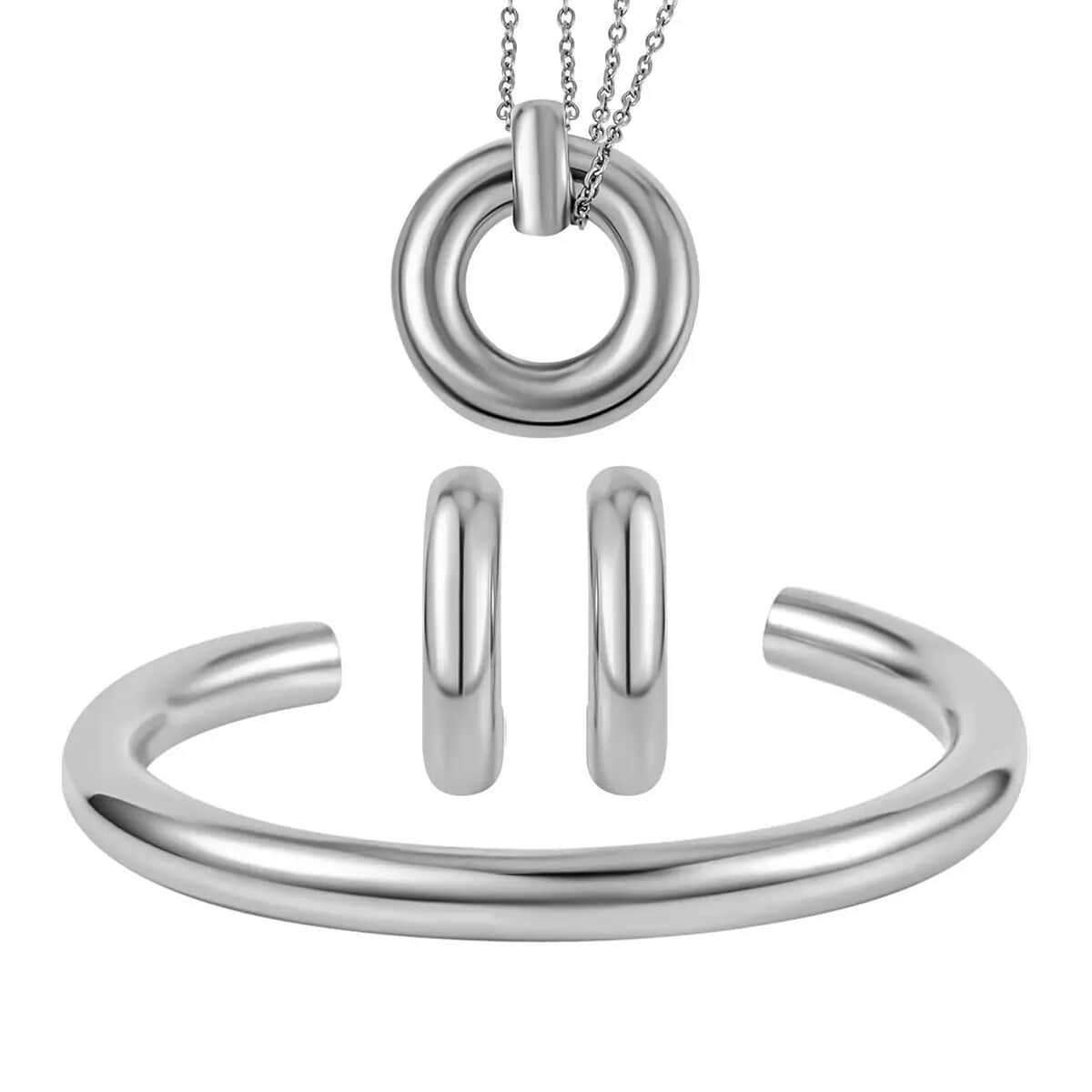 Pick of The Hour Hoop Earrings, Cuff Bracelet (7.50 In) and Necklace (20 Inches) in Stainless Steel image number 0