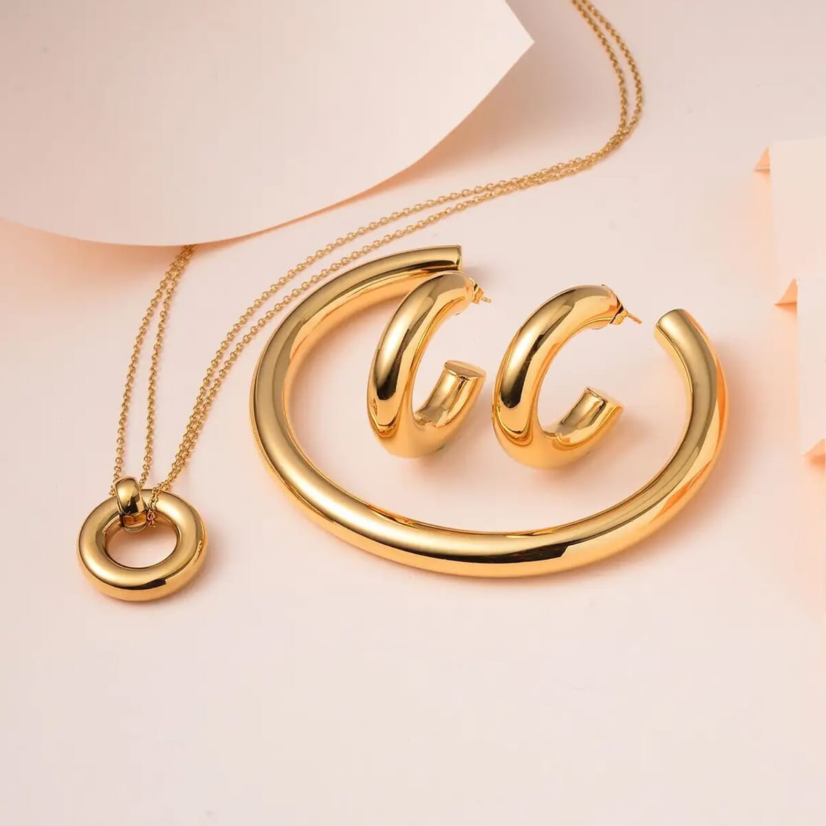 EverTrue Hoop Earrings, Cuff Bracelet (7.50 In) and Necklace 20 Inches in ION Plated Yellow Gold Stainless Steel, Durable Jewelry Set, Birthday Gift For Her image number 1