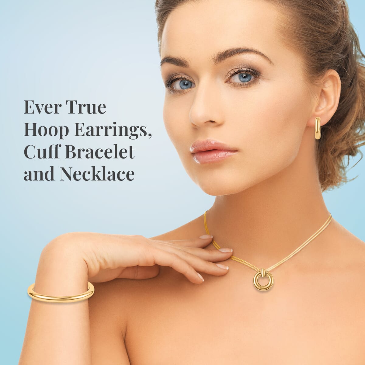 EverTrue Hoop Earrings, Cuff Bracelet (7.50 In) and Necklace 20 Inches in ION Plated Yellow Gold Stainless Steel, Durable Jewelry Set, Birthday Gift For Her image number 2