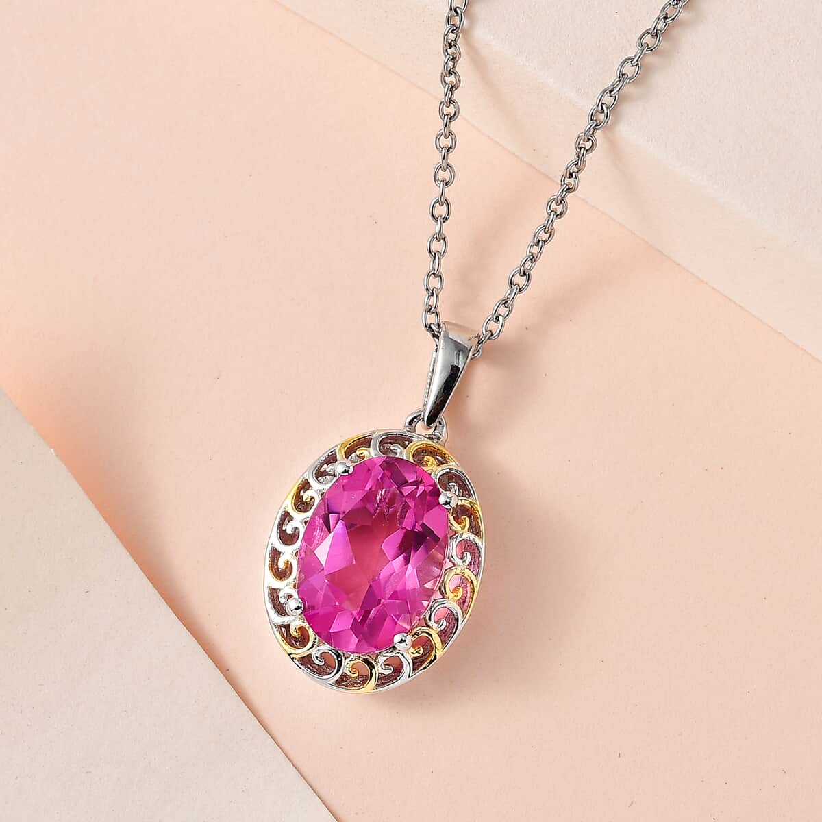 Mother of Pearl, Pink Sapphire, Quartz and Diamond Pendant Necklace