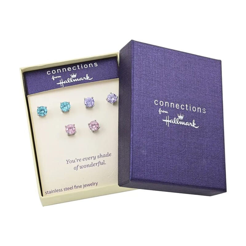 Sparkling Serenity Set of 3 Simulated Diamond Solitaire Stud Earrings in Stainless Steel