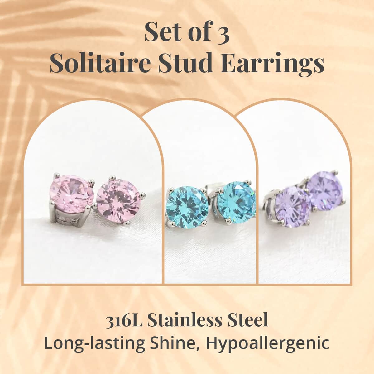 Sparkling Serenity Set of 3 Simulated Diamond Solitaire Stud Earrings in Stainless Steel image number 1