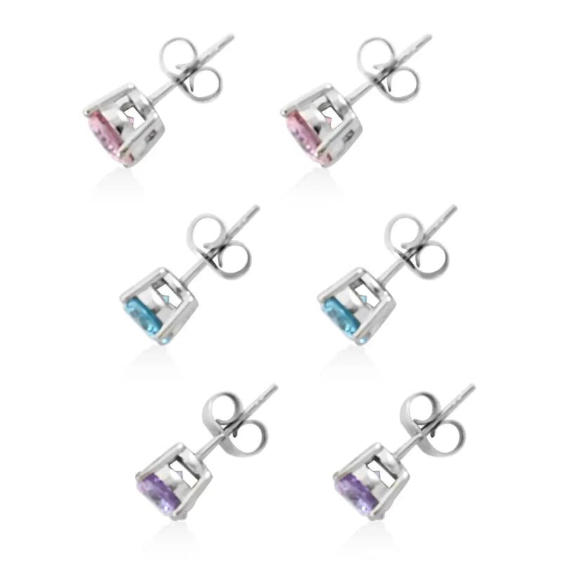 Sparkling Serenity Set of 3 Simulated Diamond Solitaire Stud Earrings in Stainless Steel