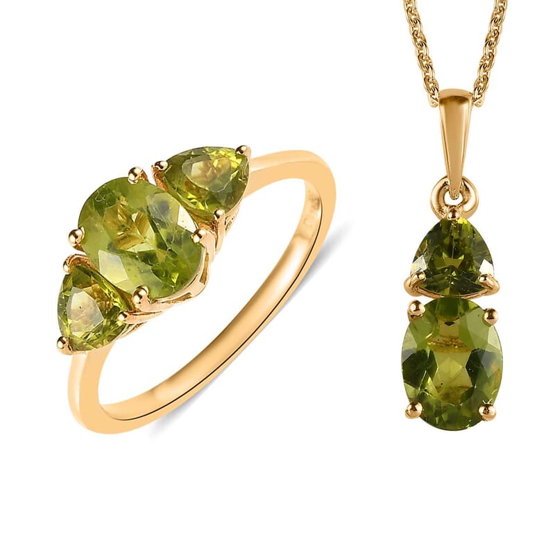 Premium Peridot Ring Size 5 and Pendant Necklace 20 Inches in Vermeil Yellow Gold Over Sterling Silver 4.00 ctw