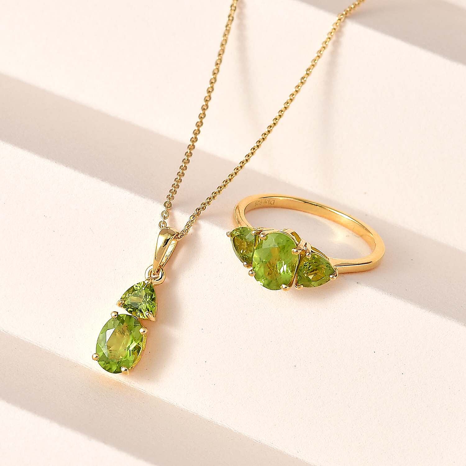 Premium Peridot Ring Size 5 and Pendant Necklace 20 Inches in Vermeil Yellow Gold Over Sterling Silver 4.00 ctw