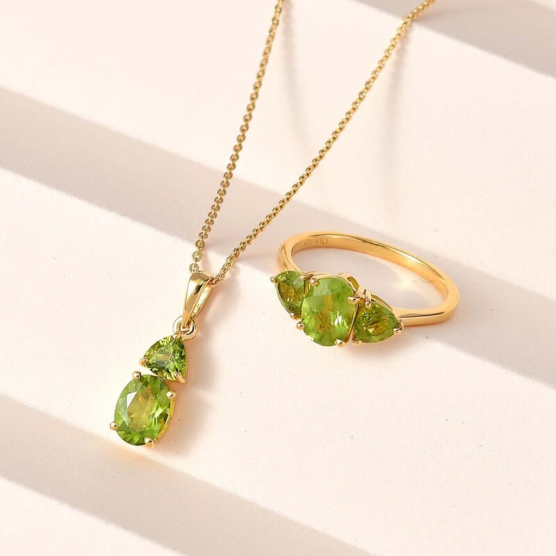 Premium Peridot Ring Size 5 and Pendant Necklace 20 Inches in Vermeil Yellow Gold Over Sterling Silver 4.00 ctw