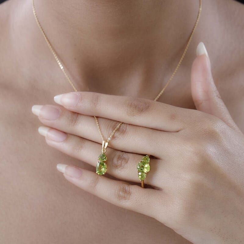 Premium Peridot Ring Size 5 and Pendant Necklace 20 Inches in Vermeil Yellow Gold Over Sterling Silver 4.00 ctw