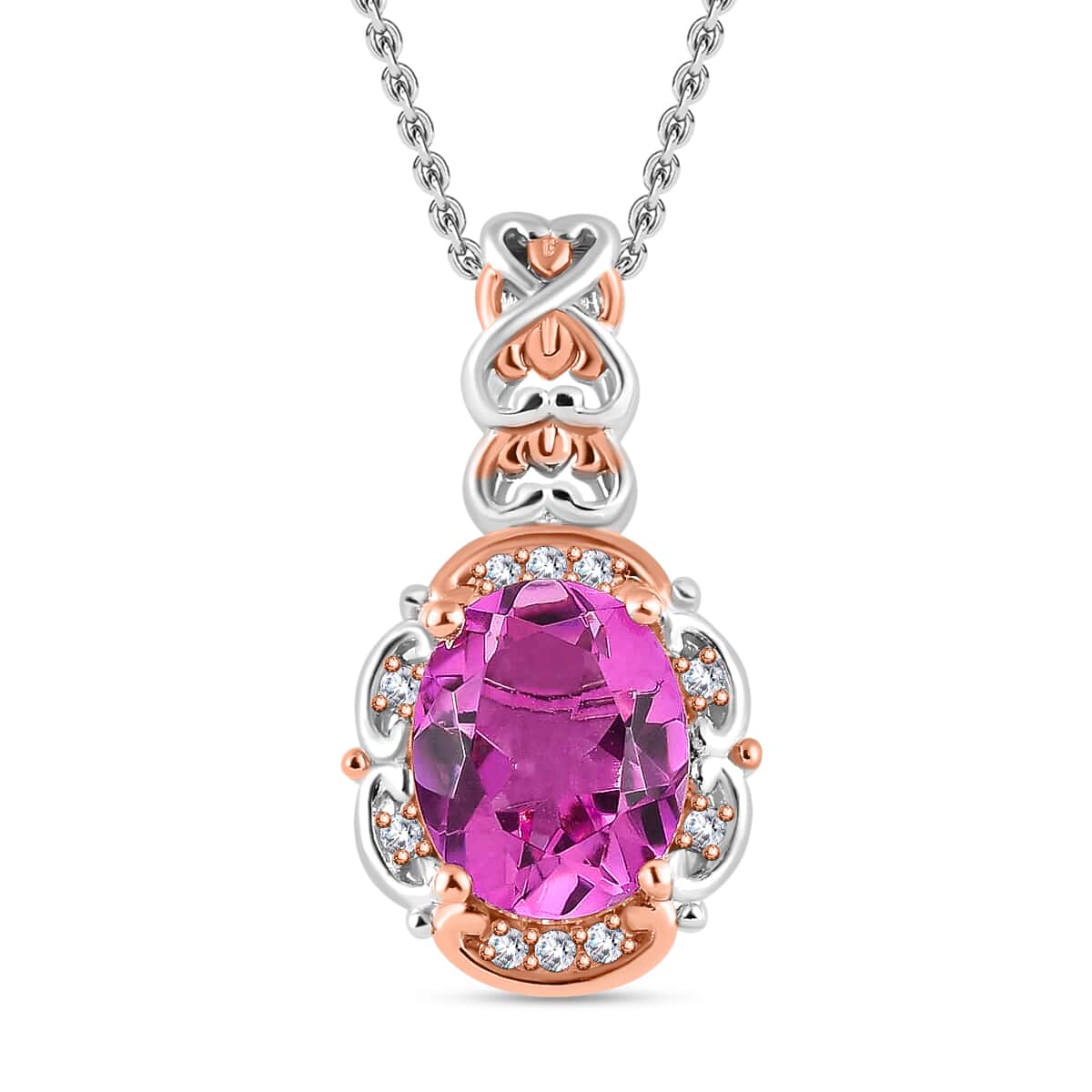 Radiant Orchid Quartz (Triplet) and White Zircon Pendant Necklace 20 Inches in Vermeil Rose Gold and Platinum Over Sterling Silver 2.40 ctw image number 0