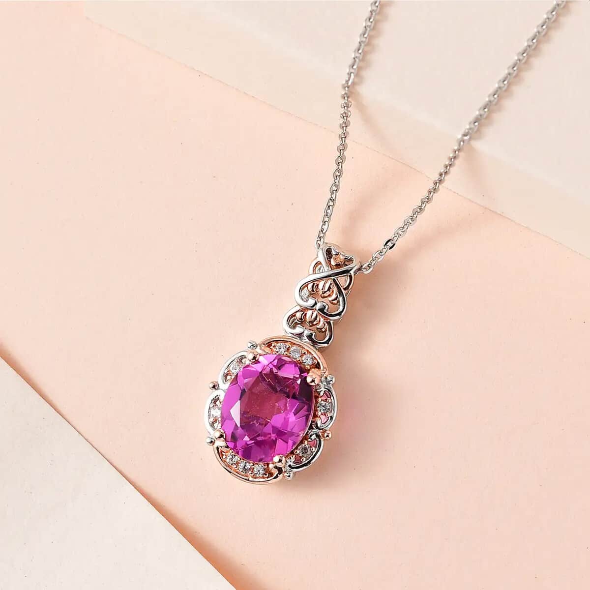 Radiant Orchid Quartz (Triplet) and White Zircon Pendant Necklace 20 Inches in Vermeil Rose Gold and Platinum Over Sterling Silver 2.90 ctw image number 1