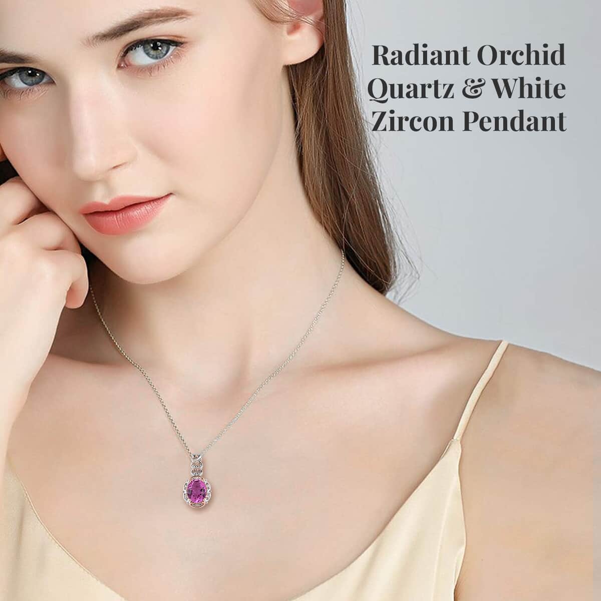 Radiant Orchid Quartz (Triplet) and White Zircon Pendant Necklace 20 Inches in Vermeil Rose Gold and Platinum Over Sterling Silver 2.90 ctw image number 2