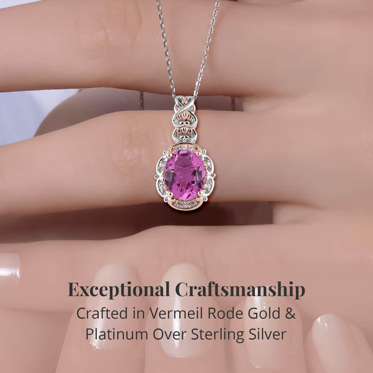 Radiant Orchid Quartz (Triplet) and White Zircon Pendant Necklace 20 Inches in Vermeil Rose Gold and Platinum Over Sterling Silver 2.90 ctw image number 3