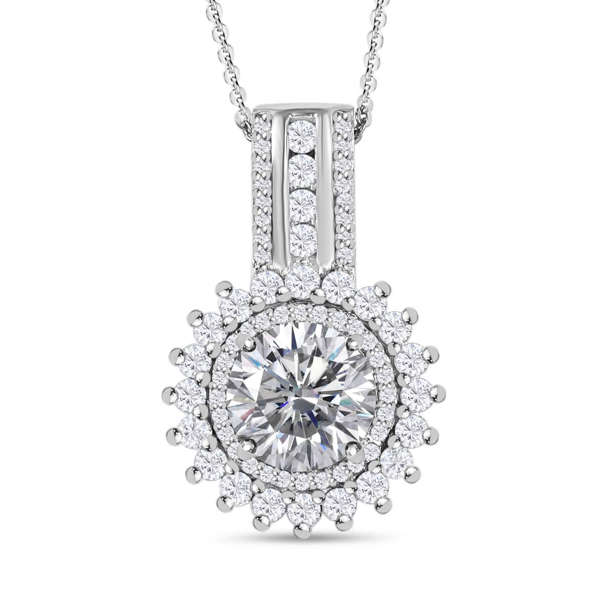 Moissanite Double Halo Pendant Necklace 20 Inches in Platinum Over Sterling Silver 2.15 ctw image number 0