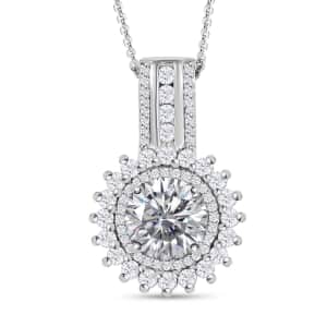 Moissanite Double Halo Pendant Necklace 20 Inches in Platinum Over Sterling Silver 2.15 ctw