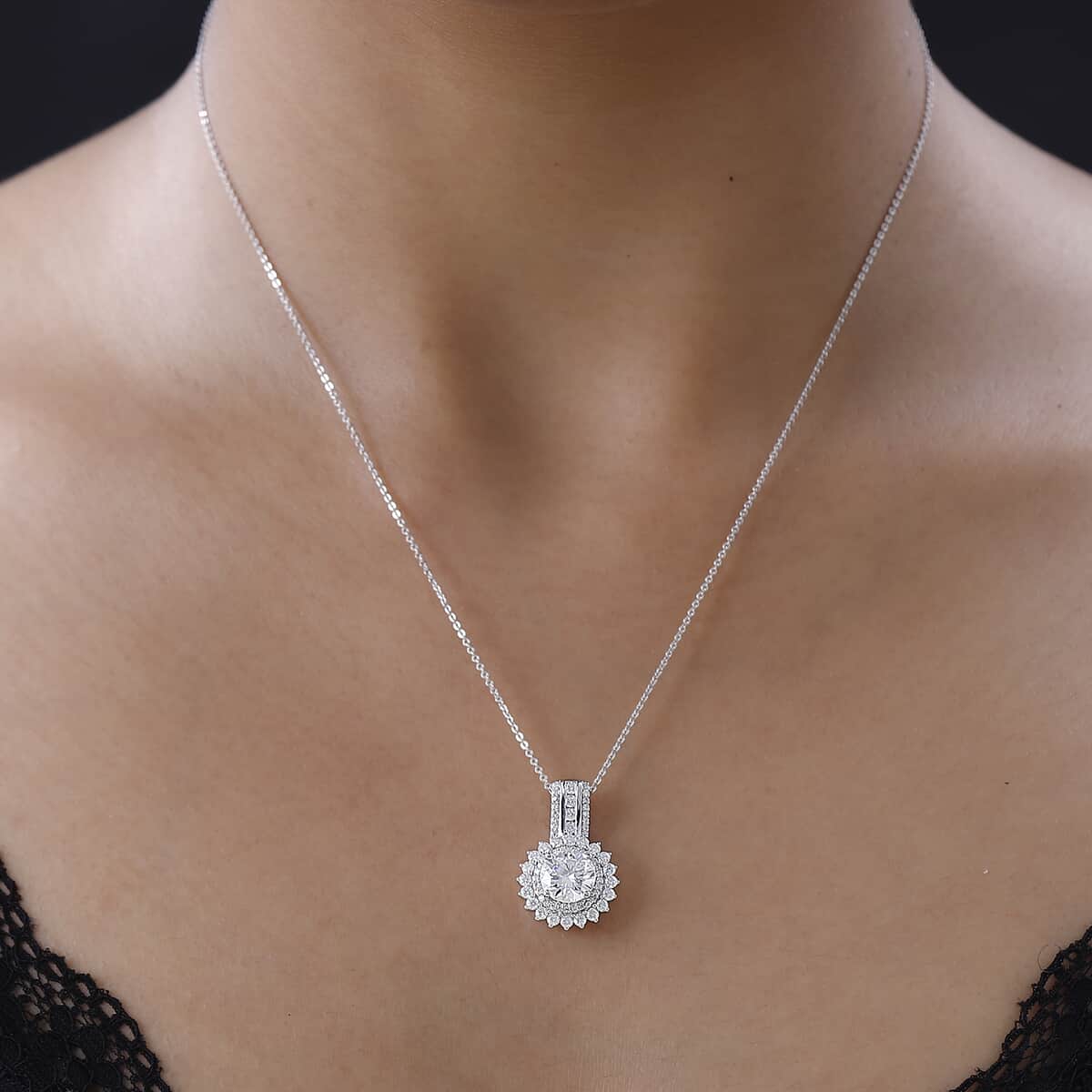 Moissanite Double Halo Pendant Necklace 20 Inches in Platinum Over Sterling Silver 2.15 ctw image number 2